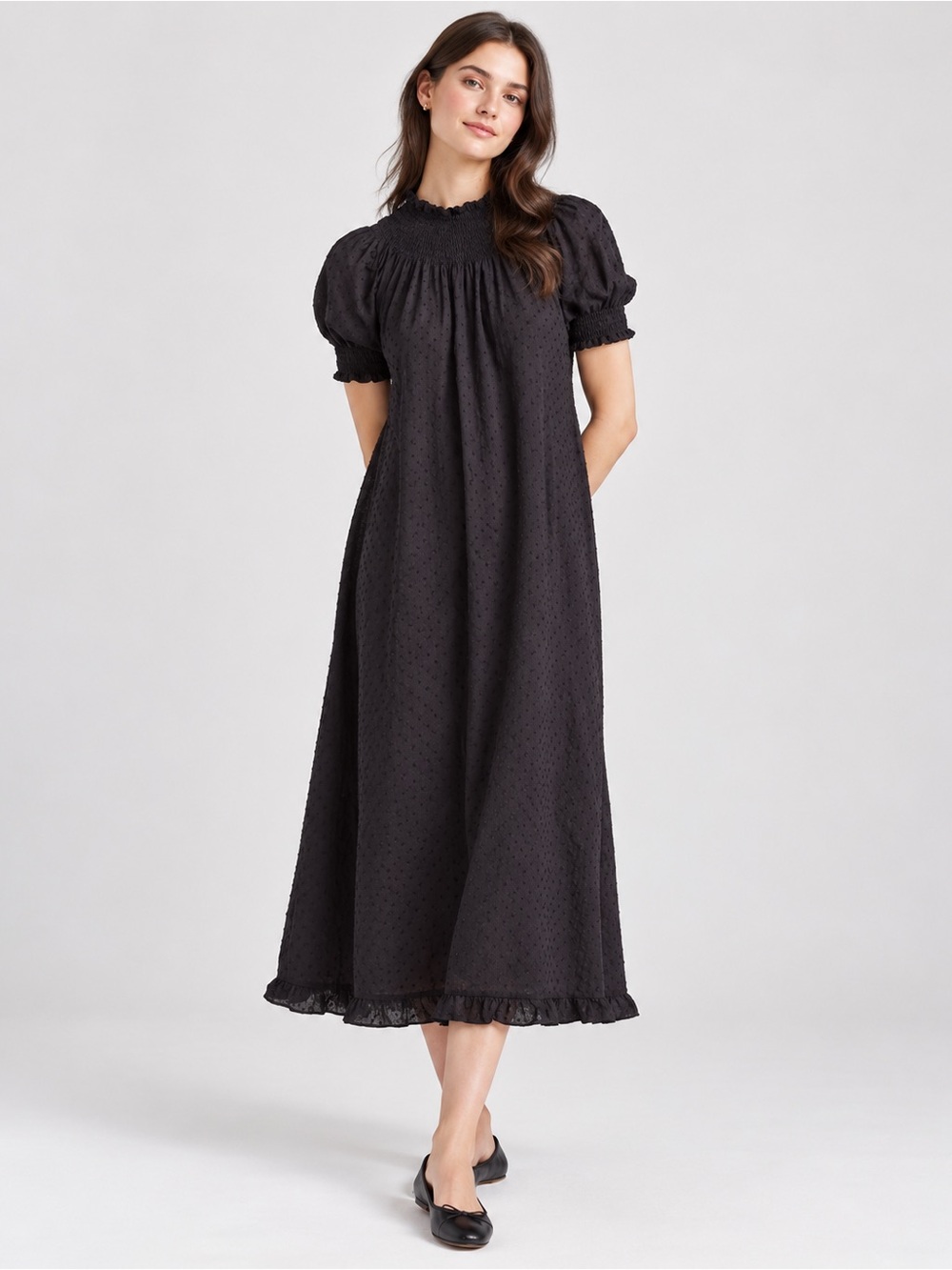 Hill House Home | The Nap Dress Black Swiss Dot Puff Sleeve Midi Dress - Size M